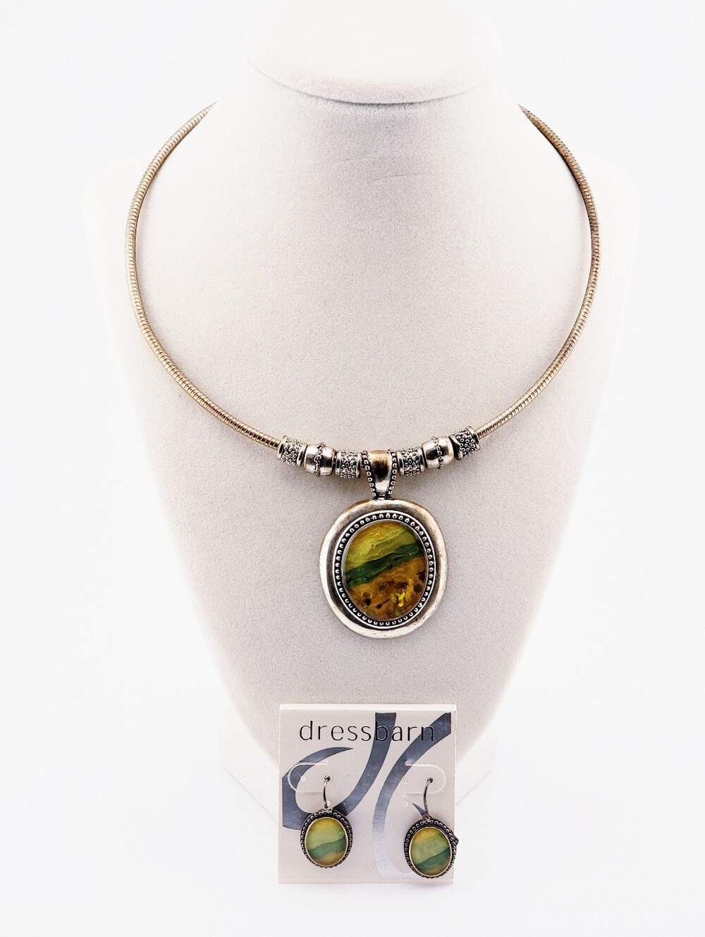 Green Multitone Green Tan Yellow Abalone Pendant Necklace & DB Earrings